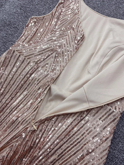 New Women's Round Neck Gorgeous Rose Gold Formal Party Dress Sequined Long Mermaid Skirt Evening Dress Vestido Coctel Vestido