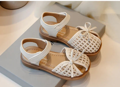 Girls Princess Shoes Weave Breathable Kids Beach Shoes with Simple Bows 2025 Summer New Children Sandals Soild Color Non-slip