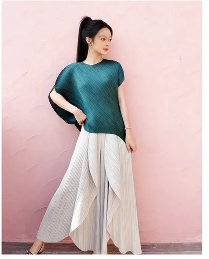 Miyake pleated high-end design fashionable irregular solid color round neck top for women