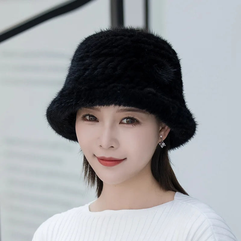 Woman Hat Winter Solid Mink Caps With Flower Natural Mink Fur Hats New Russian Girl Soft Knitting Real Fur Bucket Hats 2026 Warm