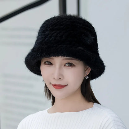 Woman Hat Winter Solid Mink Caps With Flower Natural Mink Fur Hats New Russian Girl Soft Knitting Real Fur Bucket Hats 2026 Warm