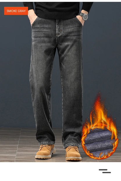 Winter Fleece Men Jeans Classic Loose Straight Warm Thicken Trousers Business Casual Velvet Elastic Denim Pants Plus Size 42 44