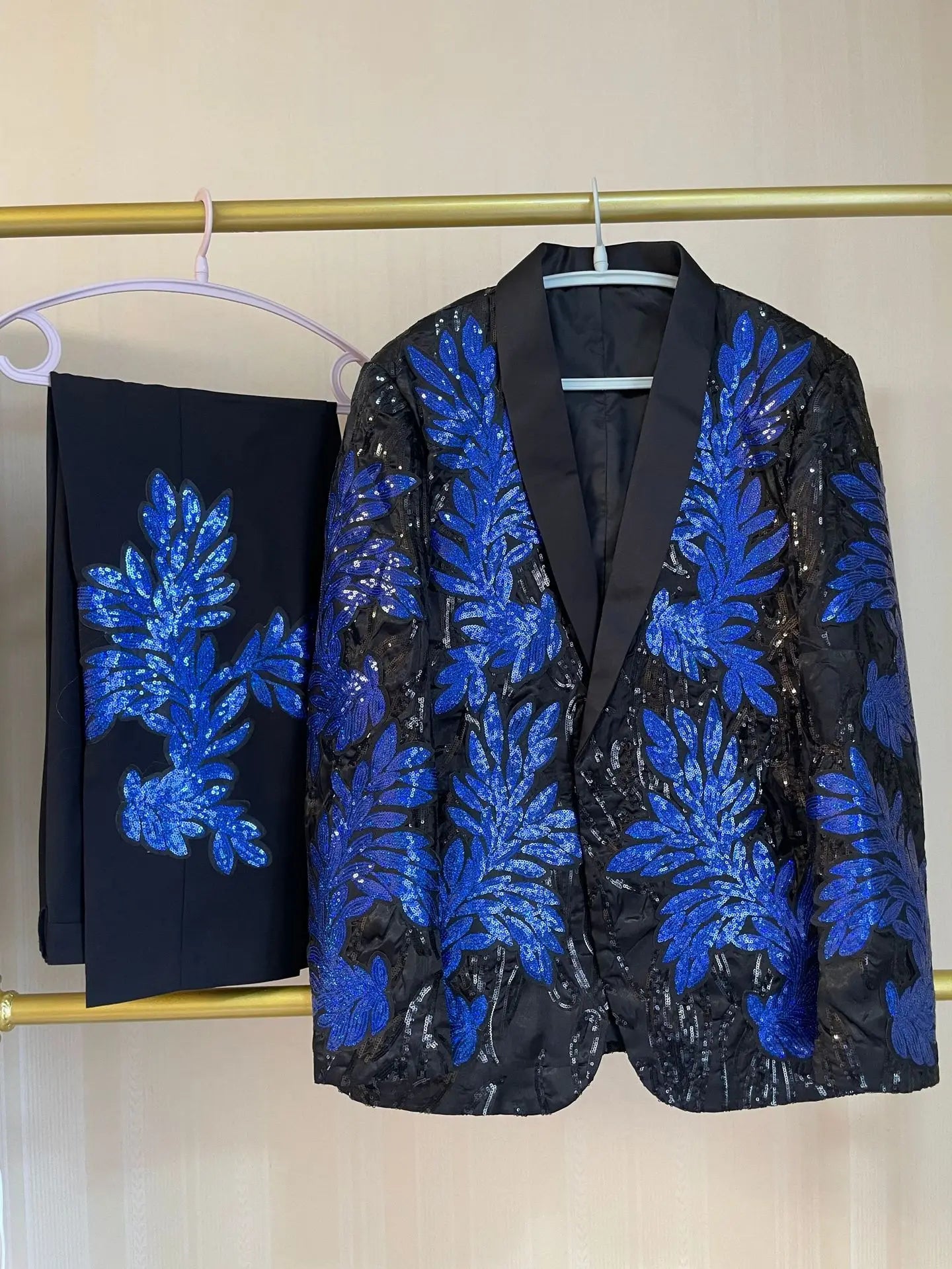 Men's Gold Sequin Applique Fashion Trend Suit Set High-Quality Casual Jacket And Western Pants Two-Piece Ensemble