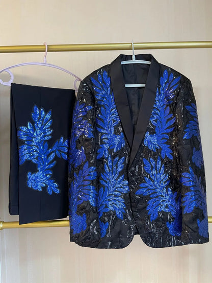 Men's Gold Sequin Applique Fashion Trend Suit Set High-Quality Casual Jacket And Western Pants Two-Piece Ensemble