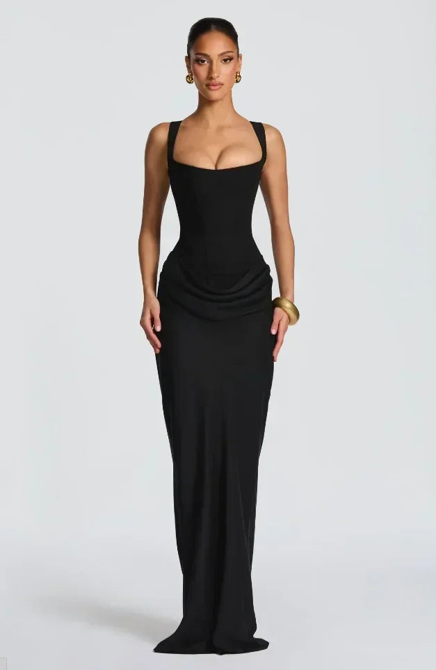 Solid Pleated Sling Dress Square Neck Sleeveless Off-shoulder Waist Cinching Slim Women Dresses Fashion Evening Party Gowns 2025