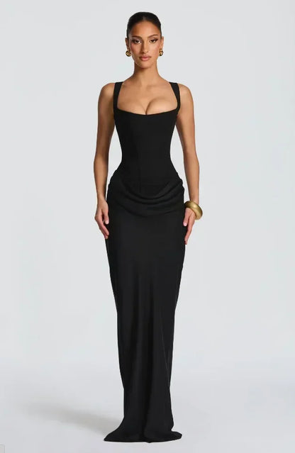 Solid Pleated Sling Dress Square Neck Sleeveless Off-shoulder Waist Cinching Slim Women Dresses Fashion Evening Party Gowns 2025