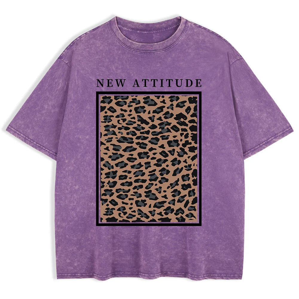 Cotton Washed T-shirt for Women New Attitude Fashion Leopard Prints Tops Loose O-Neck Oversized Short Sleeve Y2k Female Clothes