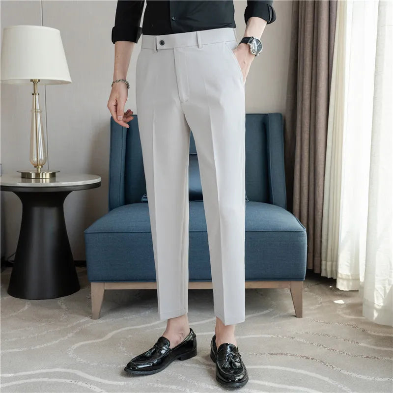 Stretch Solid Color Men's Trousers, Suitable for Business Casual, Parties, Formal Events, and Ankle-length Slim Pants.28-40