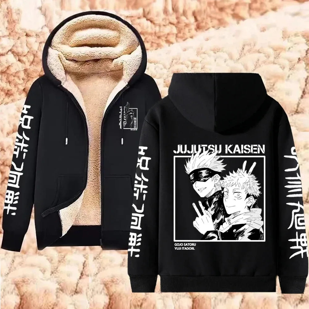 Jaqueta com Zíper Quente Gojo Satoru Anime Moletom Grosso Masculino Feminino Lã de Cordeiro Casual Manga Longa Streetwear