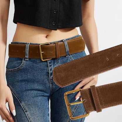 Women Luxury Design Suede Leather Wide Belt Casual Versatile Business Waist Strap Trendy Pin Buckle Waistband