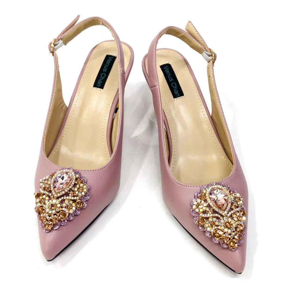 Nigerian Women's Pink High Heel Frosted Crystal Shiny Rhinestone Party Italian Design Pointed Shoes And Bag Set