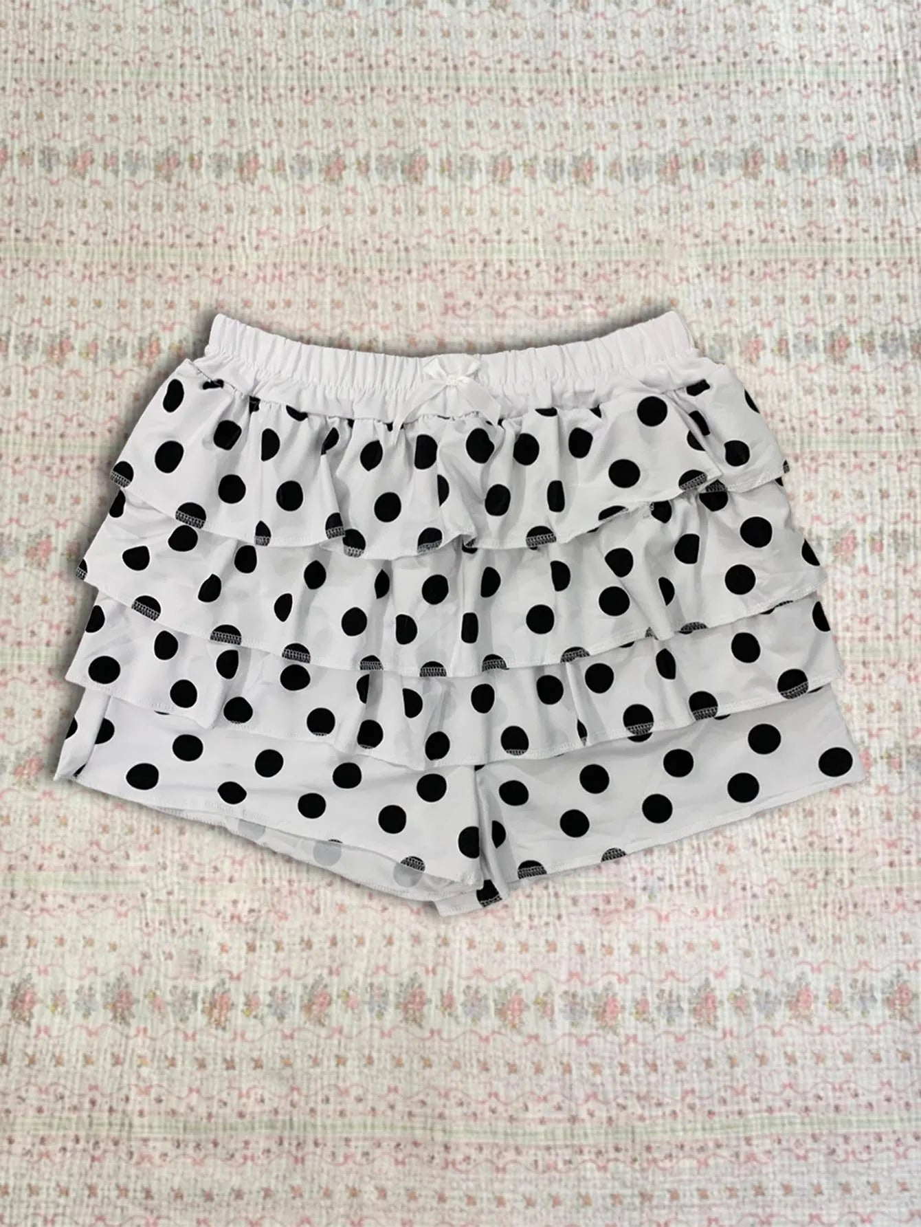 Summer Polka Dot Cake Shorts for Women Elastic Waist Bow Patch Slim Fit Casual Fashion Pants