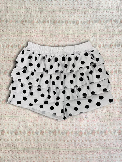 Summer Polka Dot Cake Shorts for Women Elastic Waist Bow Patch Slim Fit Casual Fashion Pants