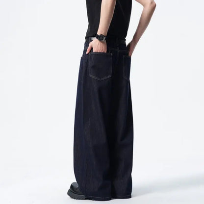 Calça Jeans Masculina Azul Escuro Solta Comprida Reta Clássica De Comprimento Do Chão Atacado Venda Quente Minimalista Casual Streetwear
