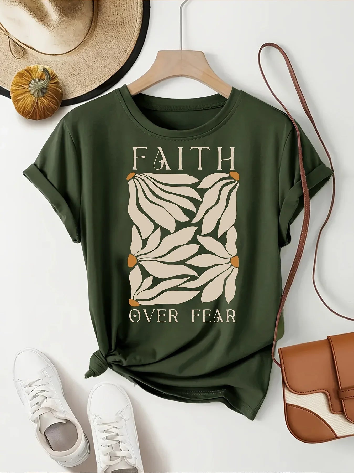 Faith Over Fear Women's Tee - Minimalist Leaf Graphic, Inspirational Casual Top