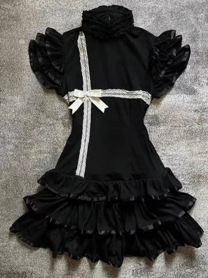 Summer French Elegant Bow Dress Women Gothic Black Vintage Mini Dress Sweet Fashion Off Shoulder Slim Fit Chic Party Outfits New