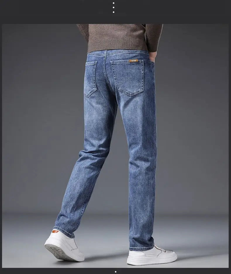 Calça Jeans Masculina Coreana Macia Elástica Slim Fit Negócios Casual Reta Jeans Clássica Marca Azul Lavado Cinza