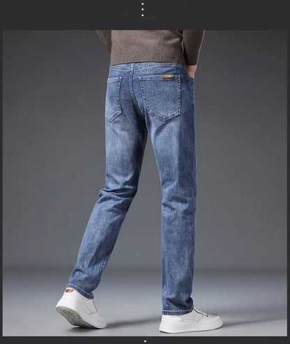 Calça Jeans Masculina Coreana Macia Elástica Slim Fit Negócios Casual Reta Jeans Clássica Marca Azul Lavado Cinza