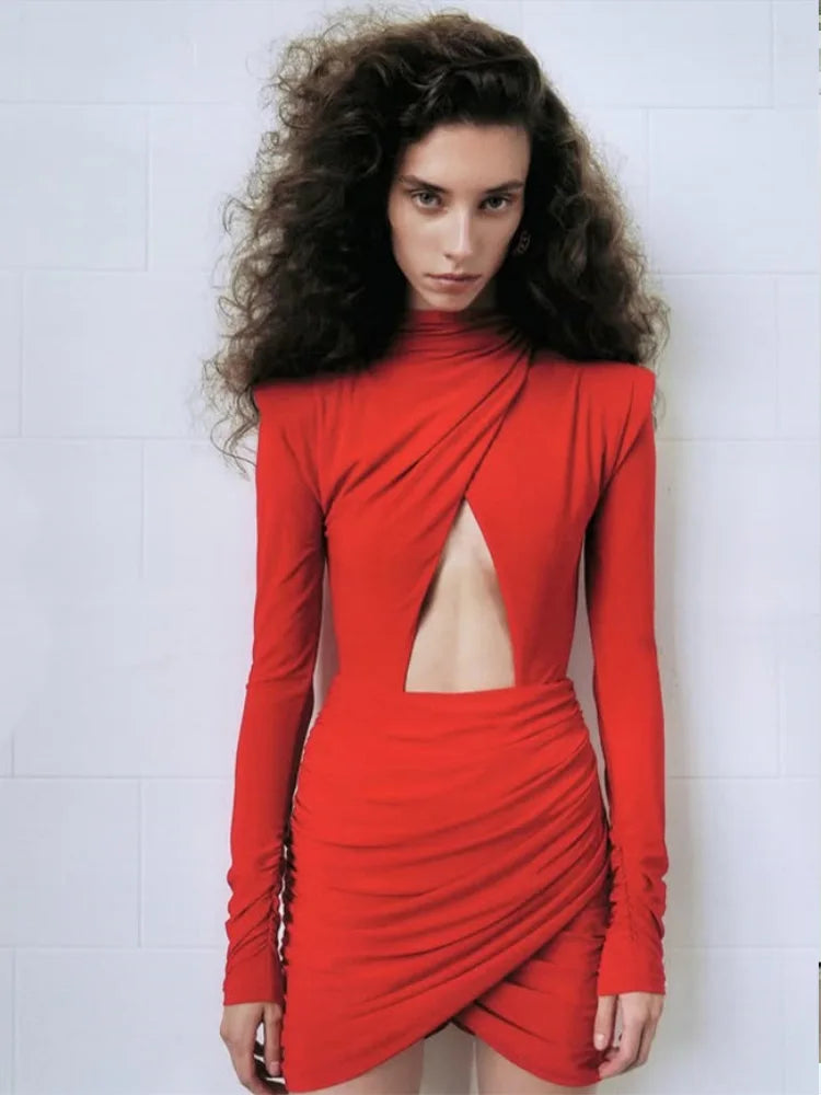 Hollow Out Long Sleeve Solid O Neck Hip Wrap Sheath Zipper Women Dresses Party Outfits Female Bodycon Vestidos Robes
