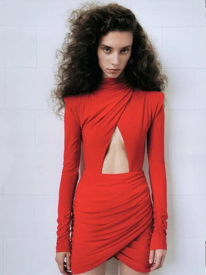 Hollow Out Long Sleeve Solid O Neck Hip Wrap Sheath Zipper Women Dresses Party Outfits Female Bodycon Vestidos Robes