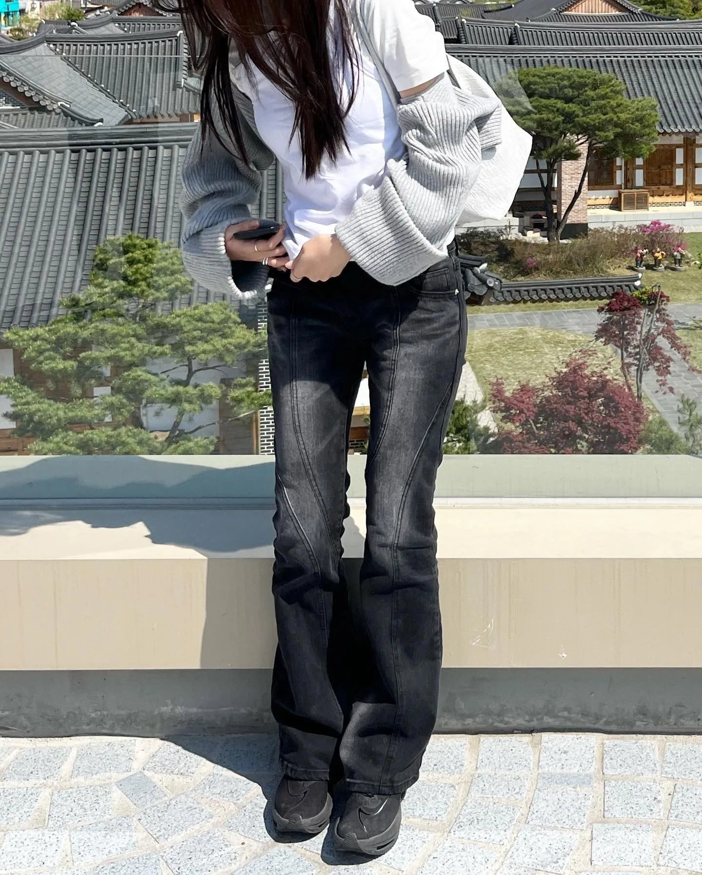 Vintage Distressed Low Waist Jeans Grunge Asymmetrical Waist Denim Pant Korean Fashion Black Flare Jeans Kpop Streetwear