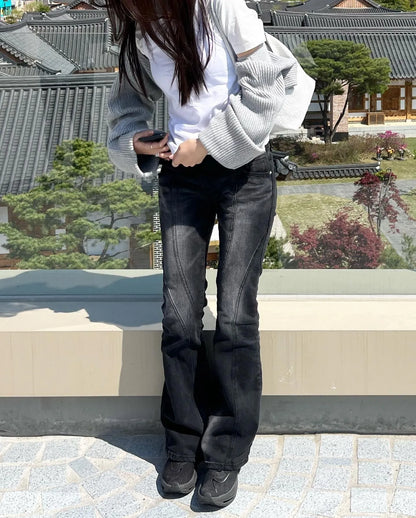 Vintage Distressed Low Waist Jeans Grunge Asymmetrical Waist Denim Pant Korean Fashion Black Flare Jeans Kpop Streetwear