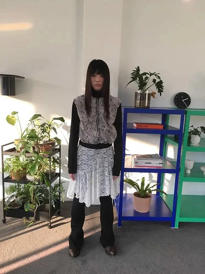 Japanese Vintage Jacquard Lace Skirt Pants Women High Waist Layered Skirt Y2k Asymmetrical Skirt 2025 Spring Clothing