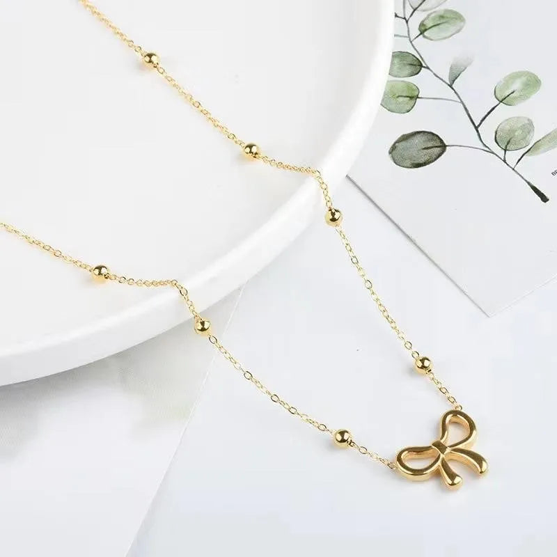 Stainless Steel Beads Chain Hollow Bowknot Pendant Necklace for Women Niche Simple Jewery Accessory