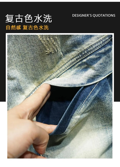 2024 Spring and Autumn New Fashion Trend Solid Color Retro Motorcycle Jeans Men's Casual Loose Comfortable Straight Leg Pants