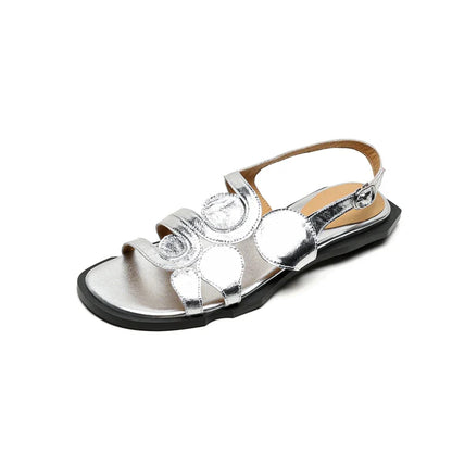 Women's New Round Head Spring/Summer Genuine Leather Sheepskin Spliced Low Heel Large Size Elastic Open Toe Sandals