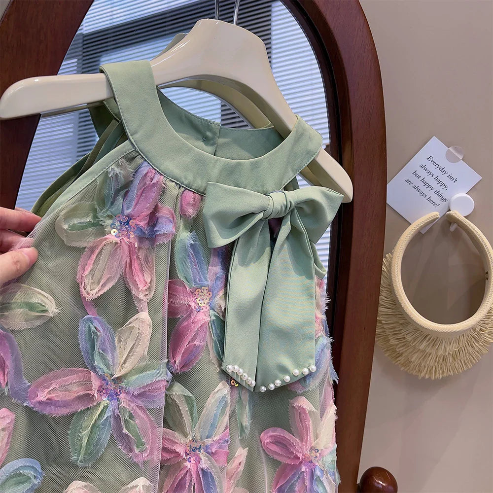 Girl Dress 2025 Summer New Girl Dress Princess Dress Little Girl Fashion Colorful Flower Yarn Dresses Kid Clothes