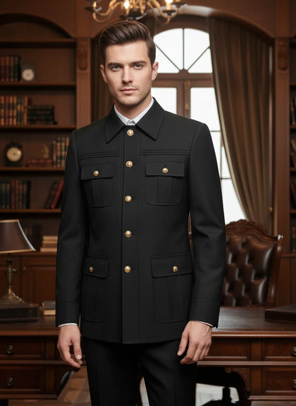 Terno masculino slim fit preto de duas peças blazer de homem de negócios casual de cor sólida com várias fivelas e vários bolsos de ajuste clássico