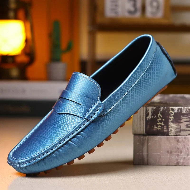 Mocassins Masculinos de Couro Azul de Luxo Moda Casual Confortável para Homens Designer Sapatos Slip-on Planos Masculinos zapatos hombre