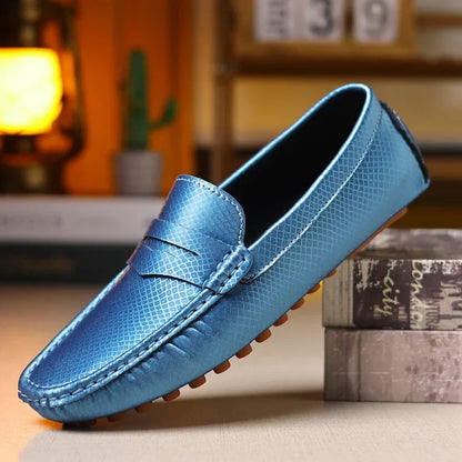 Mocassins Masculinos de Couro Azul de Luxo Moda Casual Confortável para Homens Designer Sapatos Slip-on Planos Masculinos zapatos hombre
