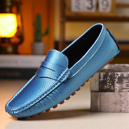 Mocassins Masculinos de Couro Azul de Luxo Moda Casual Confortável para Homens Designer Sapatos Slip-on Planos Masculinos zapatos hombre