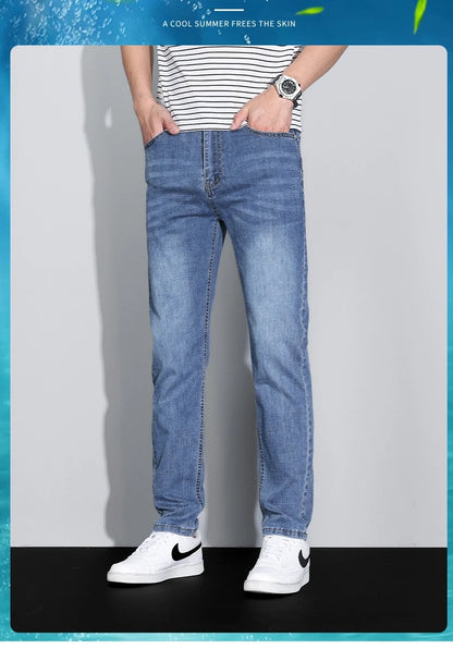 Men's Ice Silk Denim Cargo Pants Summer New Thin Business Casual Jeans Outdoor Y2K All Match Slim Fit Straight Elastic Jean Male