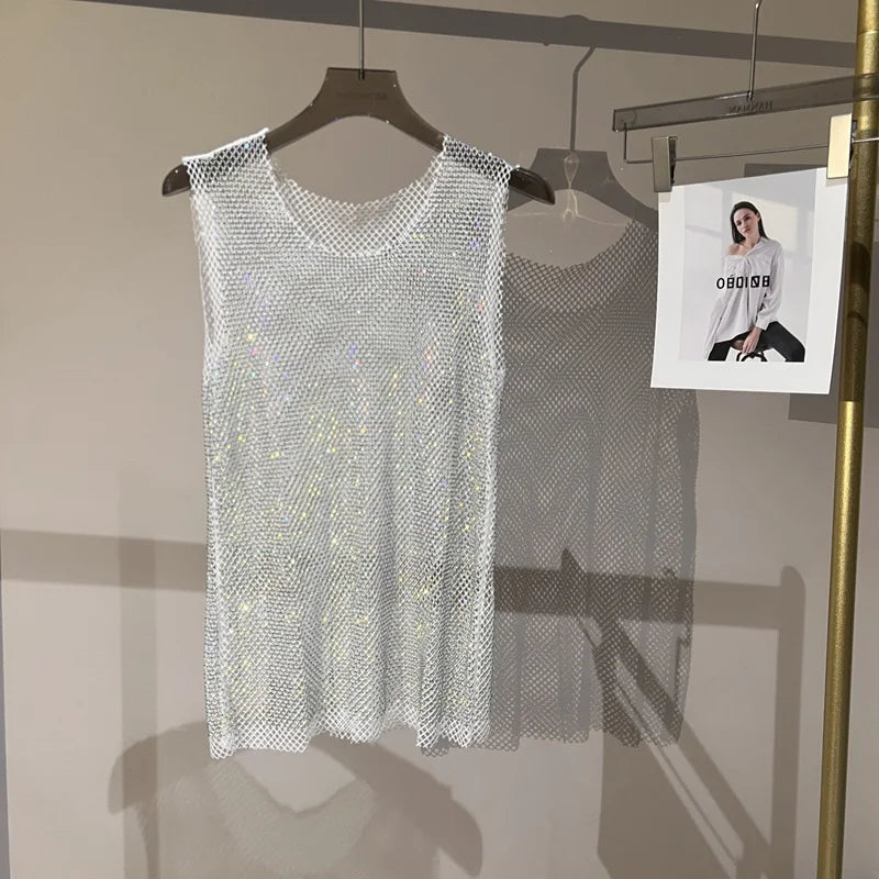 Women&Men Crystal  Rhinestones Shiny Sexy Y2K Tank Tops High Quality Party Club Sexy See Through Mesh Hollow Out Diamond shirt