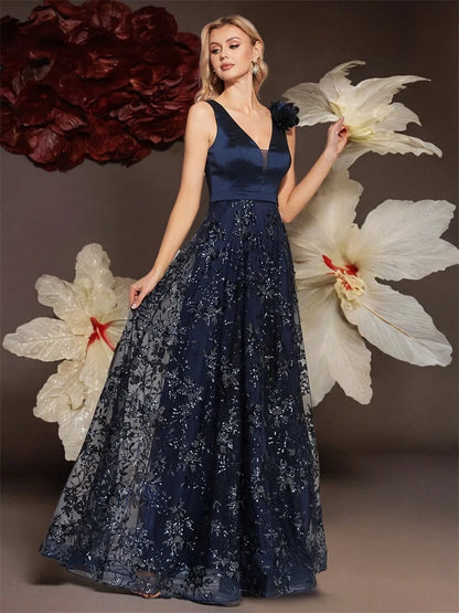 Vestido de Festa Elegante Dourado Floral com Decote em V Longo 2024 Luxo Feminino Chiffon sem Mangas para Baile Coquetel