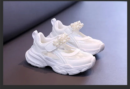 Girls Tennis Shoes Mesh Hollowed 2024 Summer New Children Solid Color Pearl Sports Shoes Kids Princess Sneakers Cute Heart