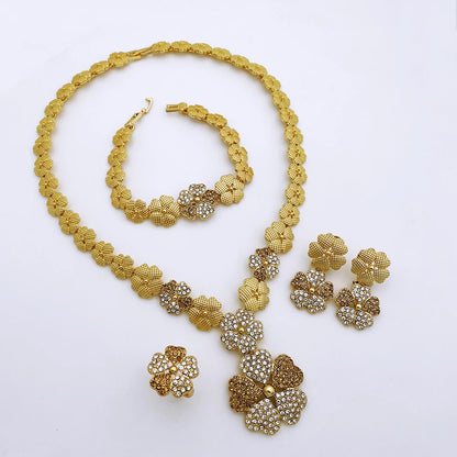 Dubai Nigeria Jewelry Sets For Women Luxury Design Five Petals Flower Pendant Necklace Earring Bracelet And Ring