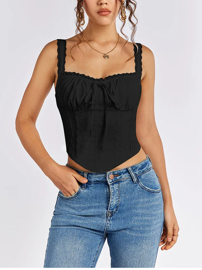 Women's Sleeveless Spaghetti Strap Lace Crop Corset Top Backless Double Layer Fashion Casual Party Cami Bustier Tops