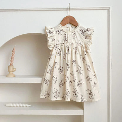 Summer Girls Dress Children's Clothing Bow Embroidered Flower Collar Girl's Dress Cartoon Printed Flying Sleeves Princess Dress