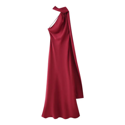 Elegant Women's Soft Silk Satin Long Dress Halter Backless Sleeveless Maxi Dresses Summer Lady Long Ribbon Party Gowns