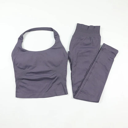 Seamless Gym Set Women Workout Clothes Low Waist Scrunch Yoga Leggings Sets Padded Halter Tank Top 2 Piece Sports Suits