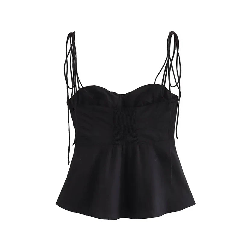 Women Fashion Solid Pleated Backless Side Zipper Cropped Tops Vintage Thin Straps V-Neck Female Chic Lady Crop Top