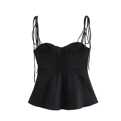 Women Fashion Solid Pleated Backless Side Zipper Cropped Tops Vintage Thin Straps V-Neck Female Chic Lady Crop Top