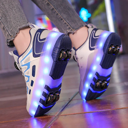 Boys Girls Roller Shoes Pink Blue Four Wheels Luminous Glowing Kids Outdoor Sport Casual Shoes USB Children Led Sneakers Shoes