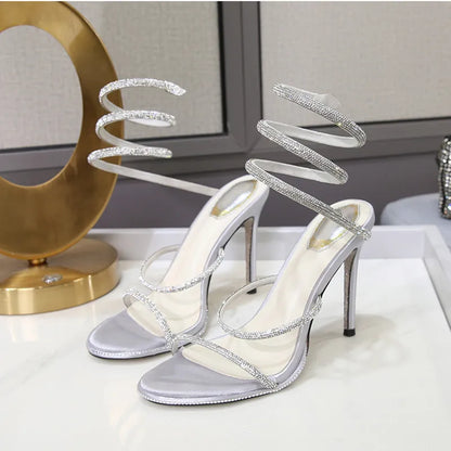 Luxury Rhinestones Snake Coiled Stiletto Heeled Women Gladiator Sandals 2024 Summer Silver Sole High heels Banquet Wedding Shoes