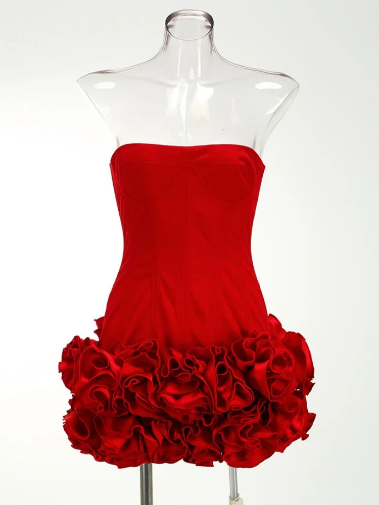 Christmas Dress Strapless Backless Red Structured Floral Embellished Mini Length Bodycon Celebrity Party Cocktail Dress