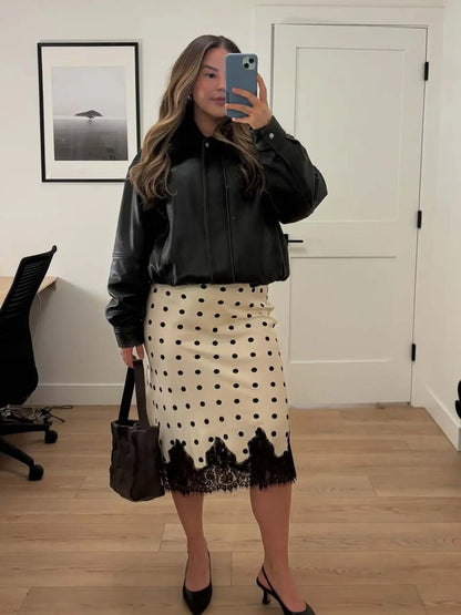 Women's Polka Dot Print Satin Skirt Sexy Lace Patchwork High Waist Skirts Chic Commute Street Party Lady Clothes for 2026 Summer